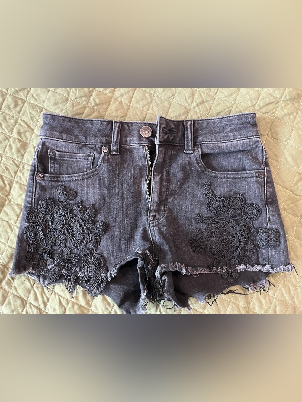 American Eagle Outfitters Black Distressed Lace Appliqué Jean Shorts